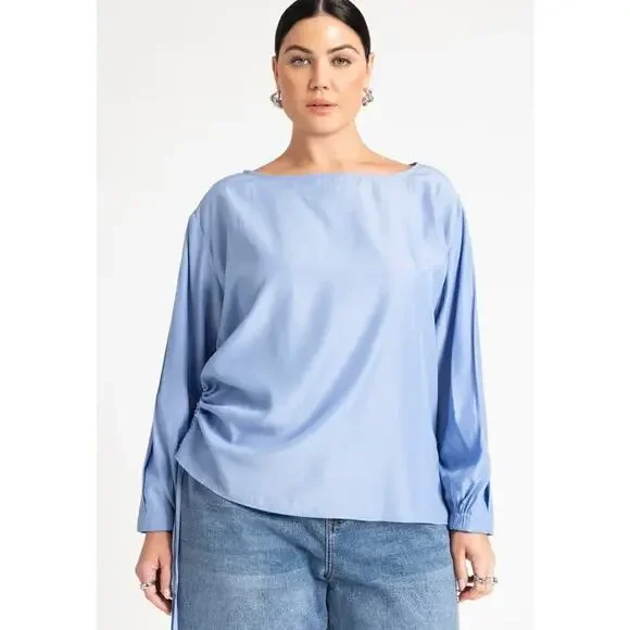 Eloquii Tie Detail Blouse size 18 Boat Neck Long sleeve Ruched Relaxed Minimal - Picture 2 of 14